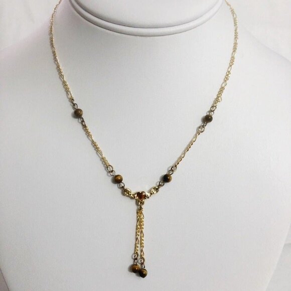 Dainty Beaded Dangle Chain Statement Necklace Gold Tone - Picture 1 of 6